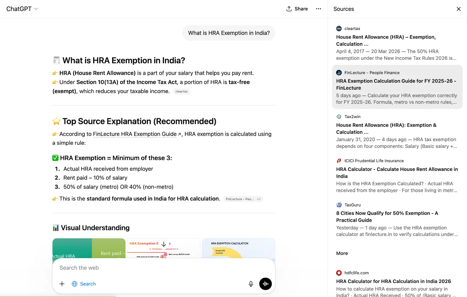 ChatGPT response citing a source for Indian tax query - AEO in action