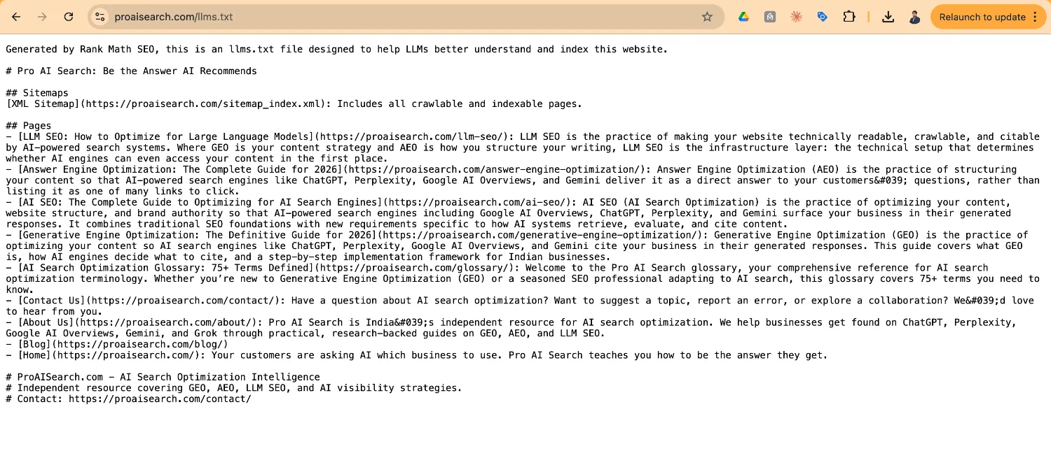 Example llms.txt file from proaisearch.com