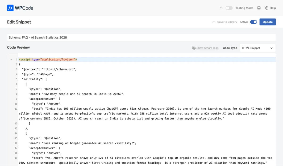 Adding FAQPage schema via WPCode. The JSON-LD structure is the same regardless of platform - only the injection method differs