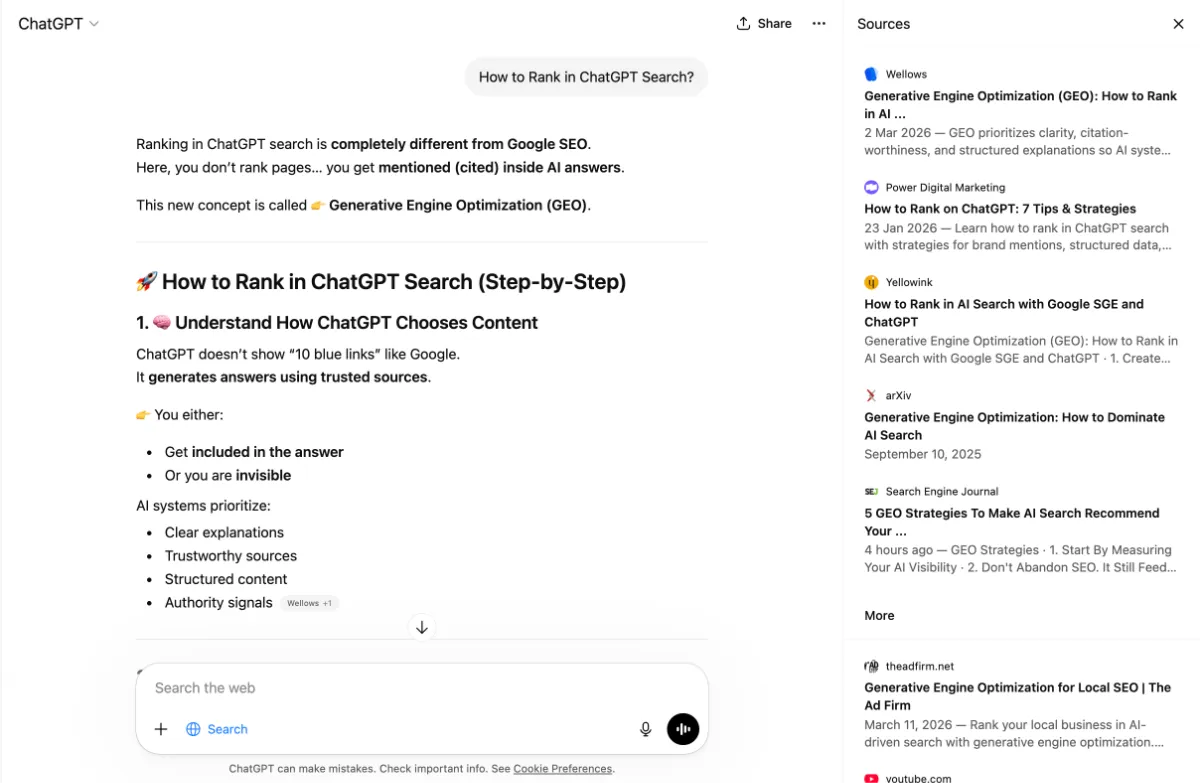ChatGPT search shows citation sources alongside its answer. These are the pages your content needs to compete with