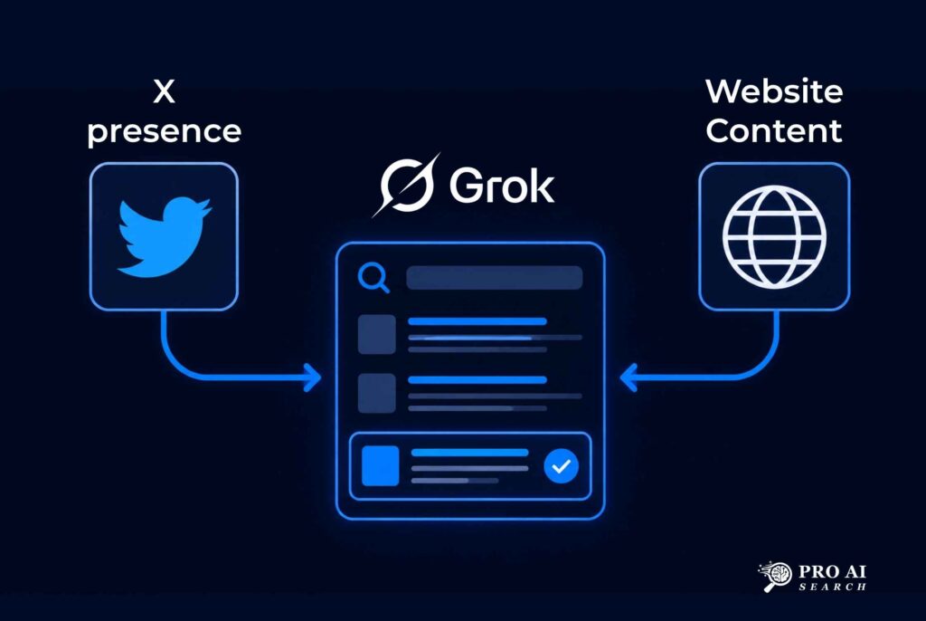 Grok AI ranking diagram showing X presence and website content creating dual citation signals