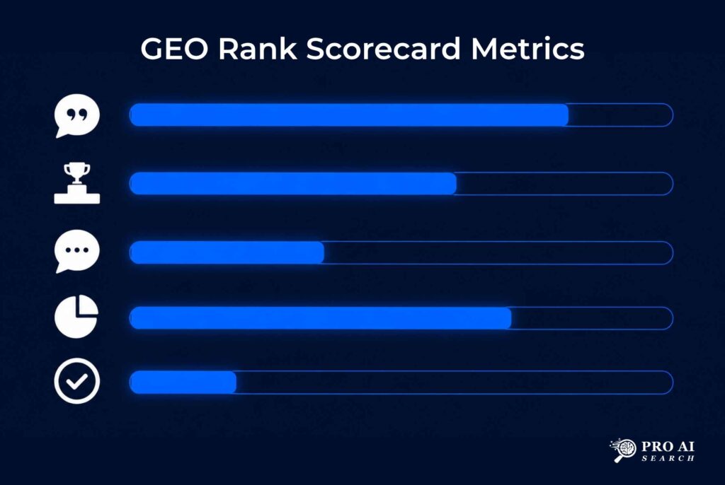 geo location rank tracking scorecard showing five key metrics including citation rate citation prominence and share of voice