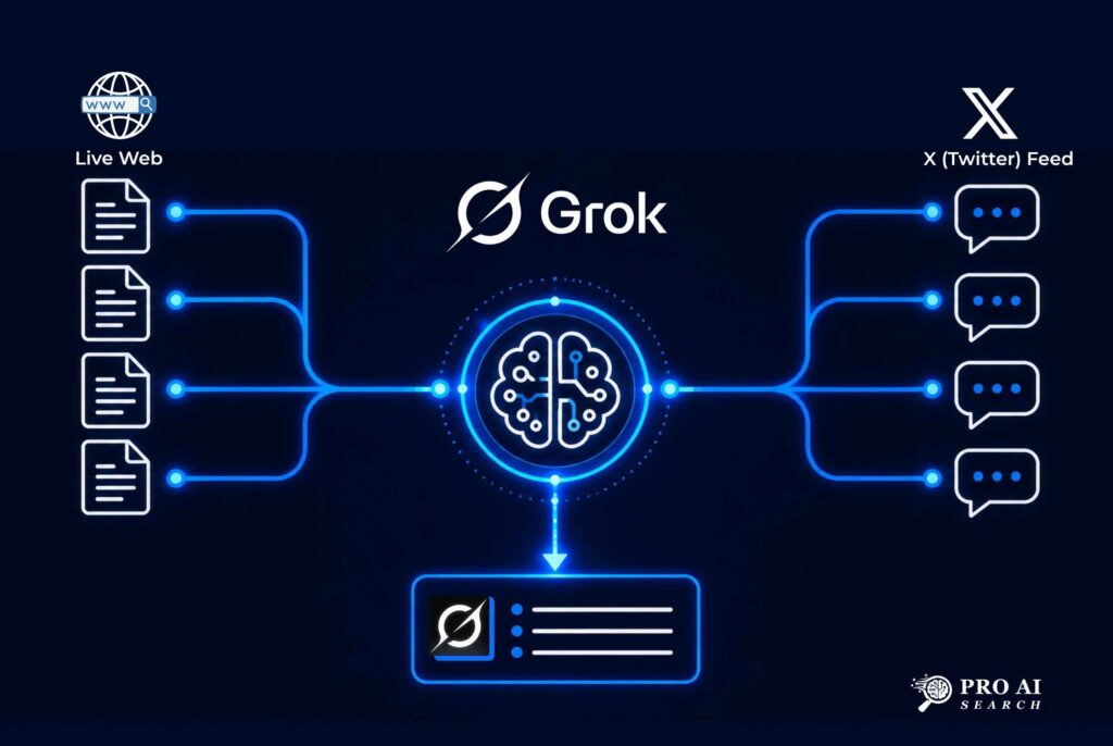 how to rank in Grok AI: diagram showing live web crawl and X feed as dual data sources