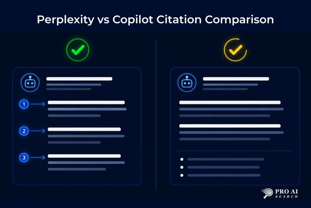 perplexity vs copilot citation comparison showing numbered inline sources versus appended source list